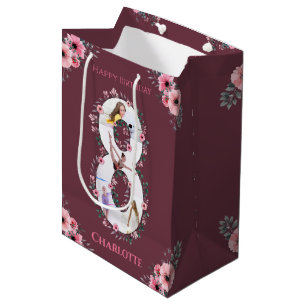 Sac Cadeau Moyen Big 8th Birthday Girl Photo Collage Fleur rose