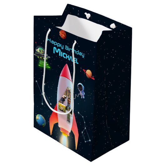 Sac Cadeau Moyen Big Four avec photos | Space Rocket 4e anniversair (Devant Angle)