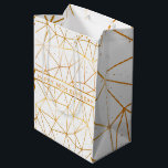 Sac Cadeau Moyen Birthday white gold geometric modern<br><div class="desc">A modern faux gold geometrical pattern with some golden dots.  Elegant timeless giftbag for a 60th birthday with a white backdrop.  White and golden ribbon and template for your text or a name.  Golden letters.</div>