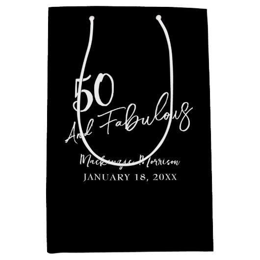 Sac Cadeau Moyen Black Fifty and Fabulous Script Birthday Party (Devant)