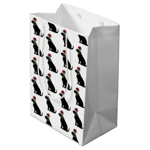 Sac Cadeau Moyen Black Lab Chien Noël Santa Hat Holly Moderne