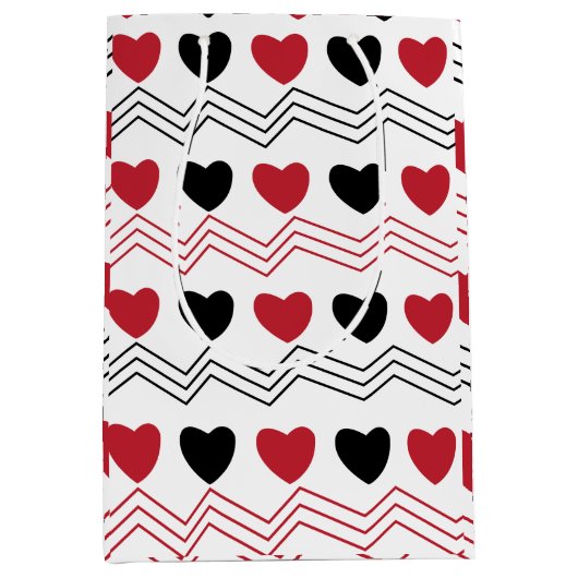 Sac Cadeau Moyen Black Red Hearts Chevron Stripe Motif (Devant)