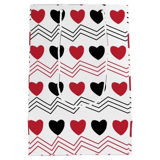 Sac Cadeau Moyen Black Red Hearts Chevron Stripe Motif (Dos)