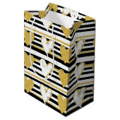 Sac Cadeau Moyen Black Stripe Gold Heart Glam Pattern (1) (Dos Angle)