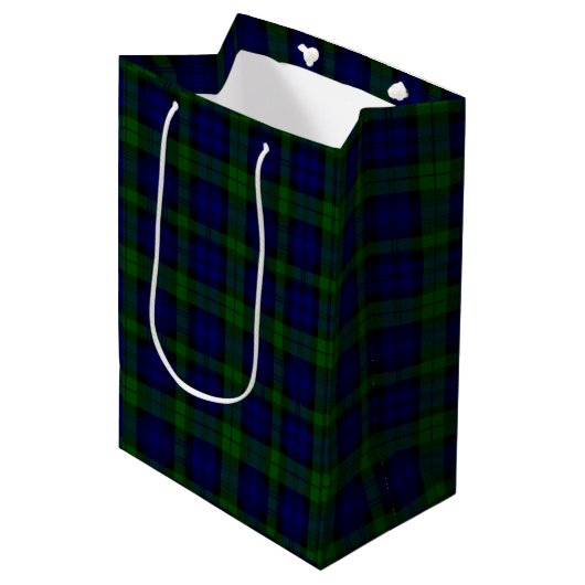 Sac Cadeau Moyen Black Watch Tartan bleu vert Plaid (Devant Angle)