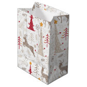 Sac Cadeau Moyen Blanc d'hiver, sapin de Noël et cerfs (Devant Angle)
