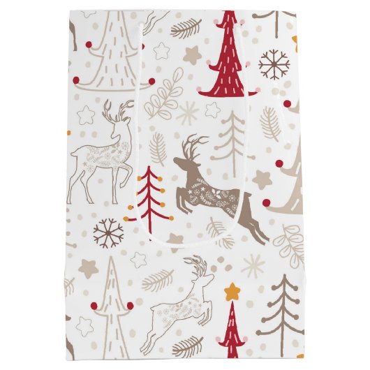 Sac Cadeau Moyen Blanc d'hiver, sapin de Noël et cerfs (Dos)