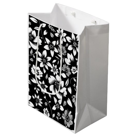 Sac Cadeau Moyen Blanc noir Feuilles floraux modernes soufflant (Devant Angle)