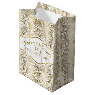 Sac Cadeau Moyen Blanc & Or Floral Paisley Dentelle Design de Noël