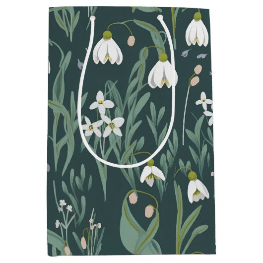 Sac Cadeau Moyen Blancs De Neige Fleurs Sur Vert (Devant)