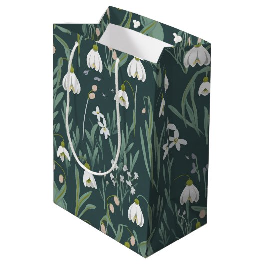 Sac Cadeau Moyen Blancs De Neige Fleurs Sur Vert (Dos Angle)