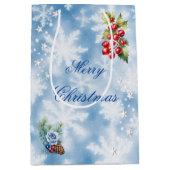Sac Cadeau Moyen Bleu blanc Snowflake Holly Berries Joyeux Noël (Devant)