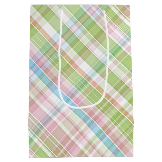 Sac Cadeau Moyen Bleu clair Vert Doux Rose Plaid Art Motif (Dos)