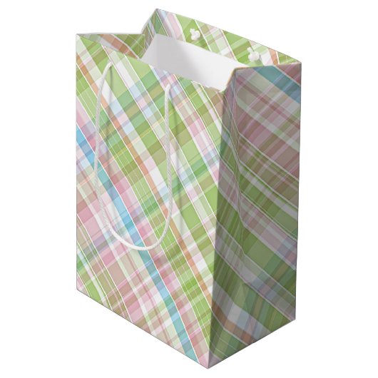 Sac Cadeau Moyen Bleu clair Vert Doux Rose Plaid Art Motif (Dos Angle)