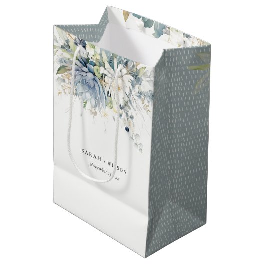 Sac Cadeau Moyen Bleu doux Vert Succulent Mariage botanique fleuri (Devant Angle)