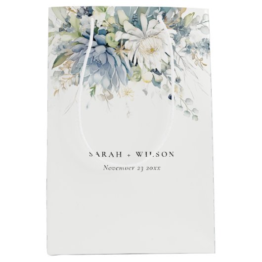 Sac Cadeau Moyen Bleu doux Vert Succulent Mariage botanique fleuri (Devant)