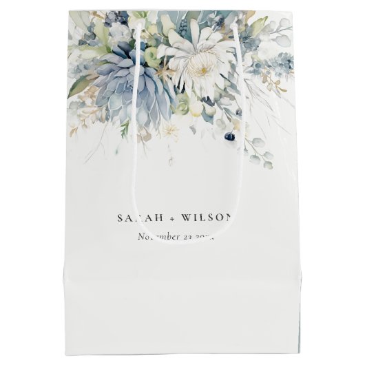 Sac Cadeau Moyen Bleu doux Vert Succulent Mariage botanique fleuri (Dos)