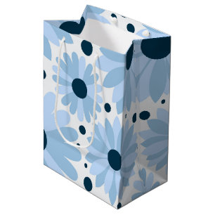 Sac Cadeau Moyen Bleu marguerite de style rétro et points bleu fonc