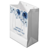 Sac Cadeau Moyen Bleu moderne Rose verdure fleurie Anniversaire (Devant Angle)