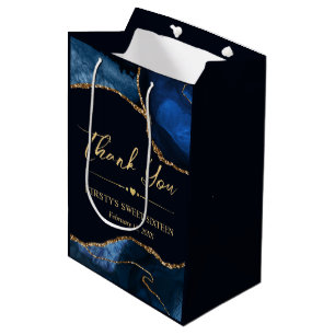 Sac Cadeau Moyen Bleu Nuit et Or Fausse Agate Pailletée Sweet 16