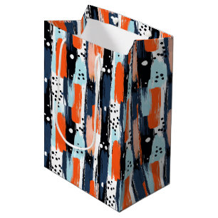 Sac Cadeau Moyen Bleu orange brosses Motif Abstrait