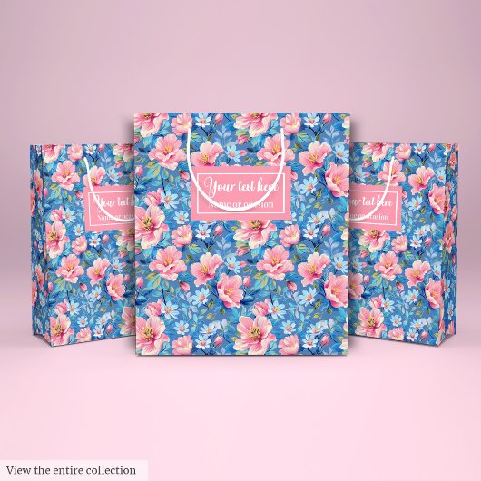 Sac Cadeau Moyen Bleu pastel chic et rose pâle preppal floral