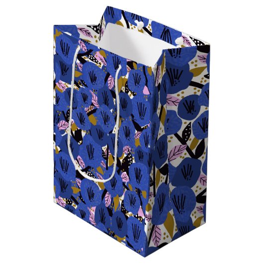 Sac Cadeau Moyen Bleu rose or motif floral (Devant Angle)