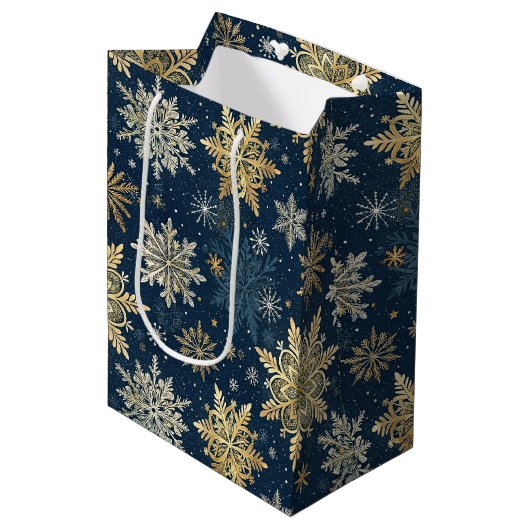 Sac Cadeau Moyen Blue and Gold Snowflake Christmas (Devant Angle)