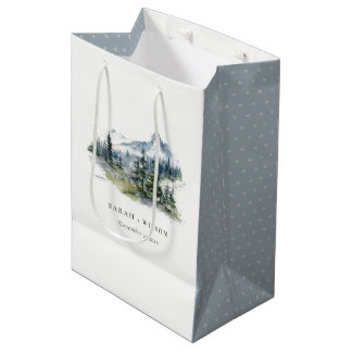 Sac Cadeau Moyen Blue Green Woods Mountain Paysage Mariage de croqu