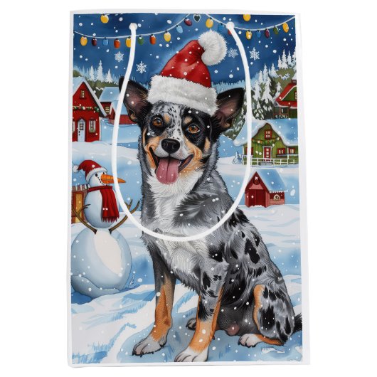 Sac Cadeau Moyen Blue Heeler Chien Winter Wonderland Noël Joie (Devant)