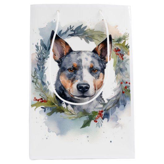 Sac Cadeau Moyen Blue Heeler Christmas Wreath Festive Pup (Devant)