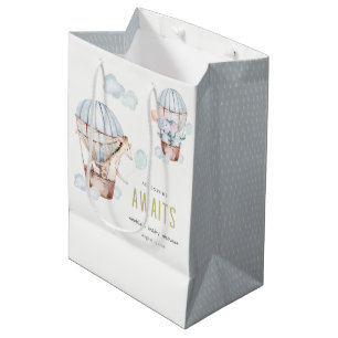 Sac Cadeau Moyen Blue Hot Air Balloon Safari Animaux Baby shower