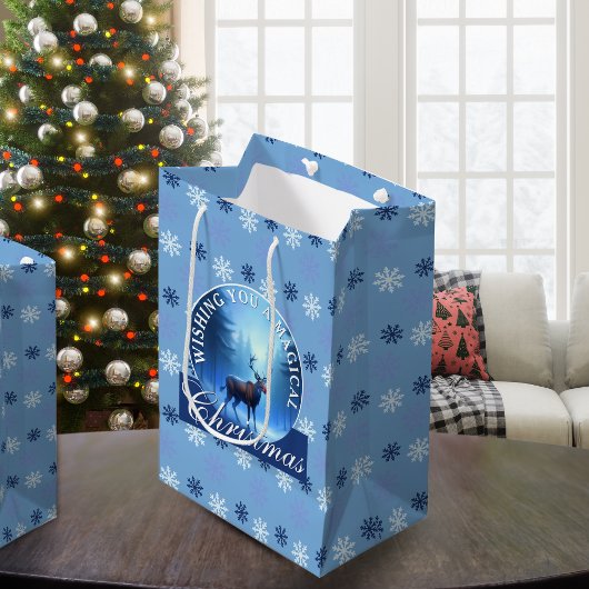 Sac Cadeau Moyen Blue Reindeer Snowflakes Christmas