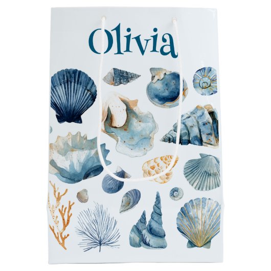 Sac Cadeau Moyen Blue Seashell Gift Bag | Custom Name (Dos)