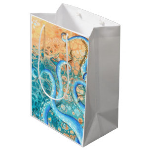 Sac Cadeau Moyen Blue Tentacles Octopus Kraken Abstract Teal Ink