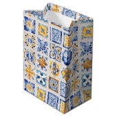 Sac Cadeau Moyen Blue White Yellow Tiles Pattern Wine, Small, (Dos Angle)