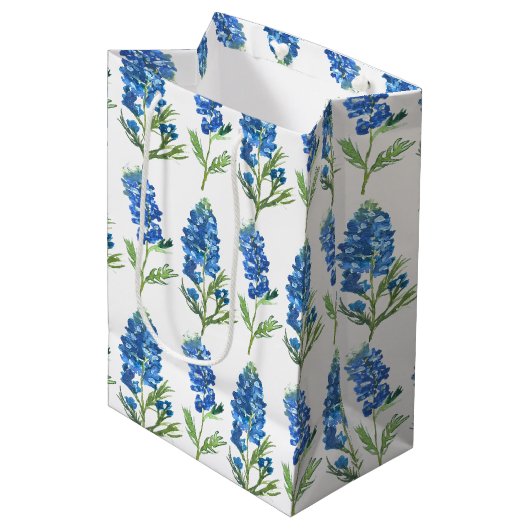 Sac Cadeau Moyen Bluebonnets Texas Blue Flowers Aquarelle (Devant Angle)