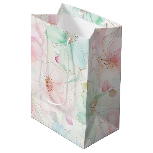 Sac Cadeau Moyen Blush Pink Mint Flowers Birthday (Devant Angle)