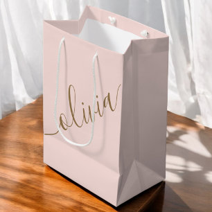 Sac Cadeau Moyen Blush Rose Or Minimaliste Monogramme Élégant