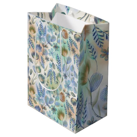 Sac Cadeau Moyen Boho Bleu Vert Floral Botanique Fantaisiste (Dos Angle)