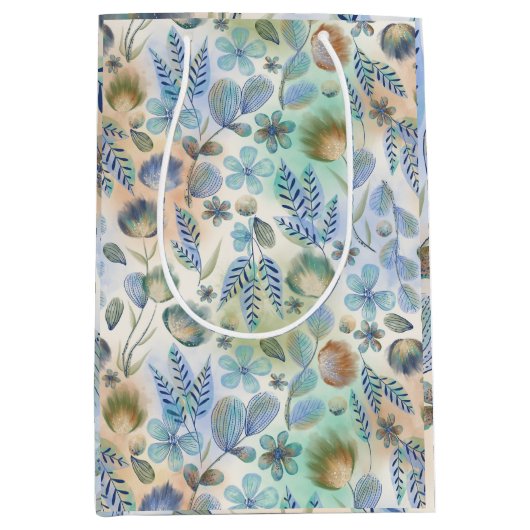 Sac Cadeau Moyen Boho bleu vert floral botanique whimsical   (Devant)