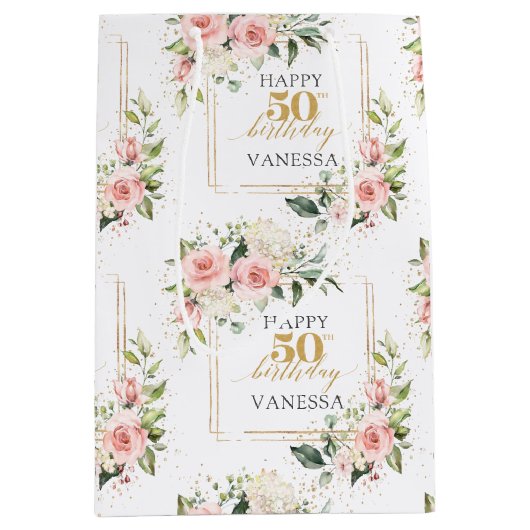 Sac Cadeau Moyen Boho blush rose sauge vert or 50e anniversaire (Devant)