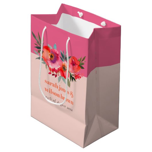 Sac Cadeau Moyen Boho Hot rose orange aquarelle Mariage floral (Devant Angle)