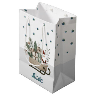 Sac Cadeau Moyen Boho Père Noël sur la seligh avec des cadeaux Snow