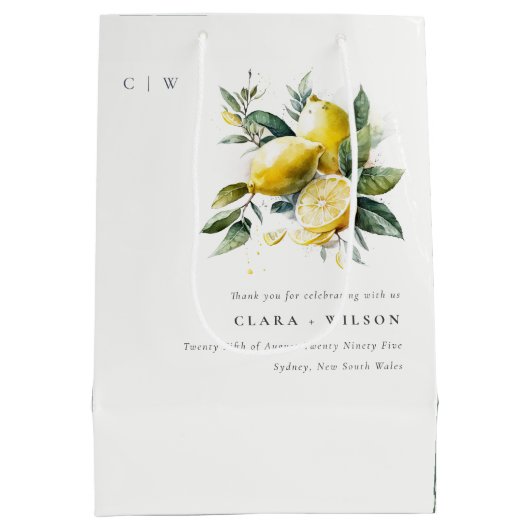 Sac Cadeau Moyen Boho Rustique Aquarelle Jaune Citron Jaune Mariage (Dos)