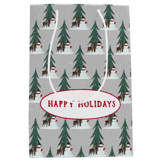 Sac Cadeau Moyen bonhomme de neige et cerf en flocons de neige gris (Devant)