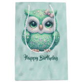 Sac Cadeau Moyen Bonne Chouette verte d'anniversaire sur vert (Devant)