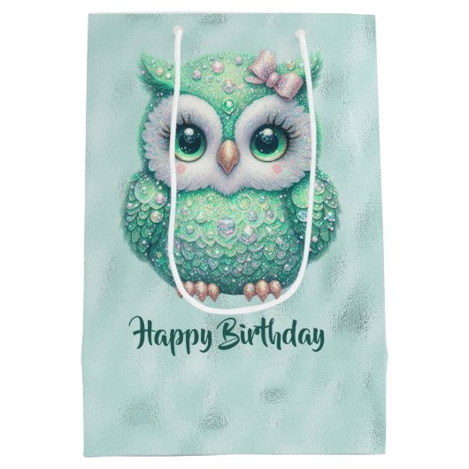 Sac Cadeau Moyen Bonne Chouette verte d'anniversaire sur vert (Dos)