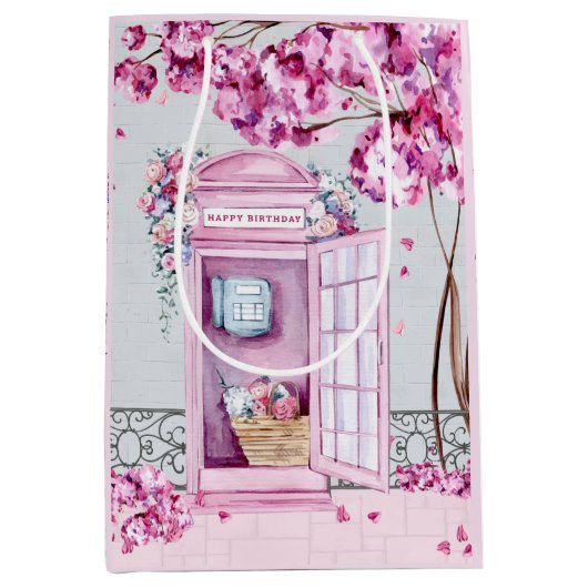 Sac Cadeau Moyen Booth de téléphone rose floral (Devant)