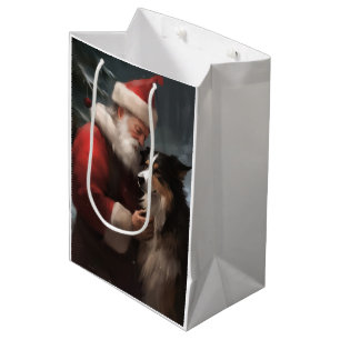 Sac Cadeau Moyen Border Collie avec le Père Noël Noël Festif
